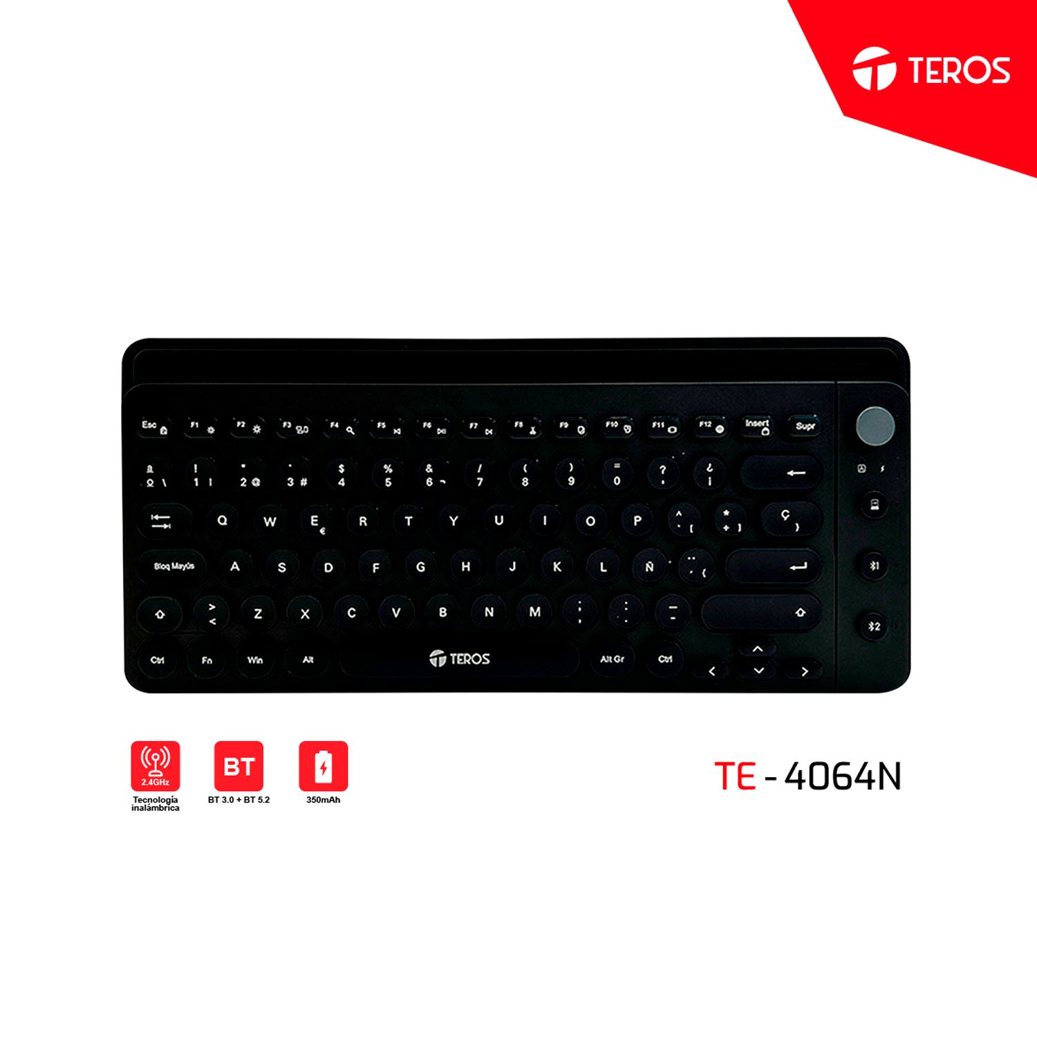 TECLADO INALAMBRICO TEROS TE-4064N 2.4 GHz bluetooth 3.0 / 5.2, 80 teclas negro